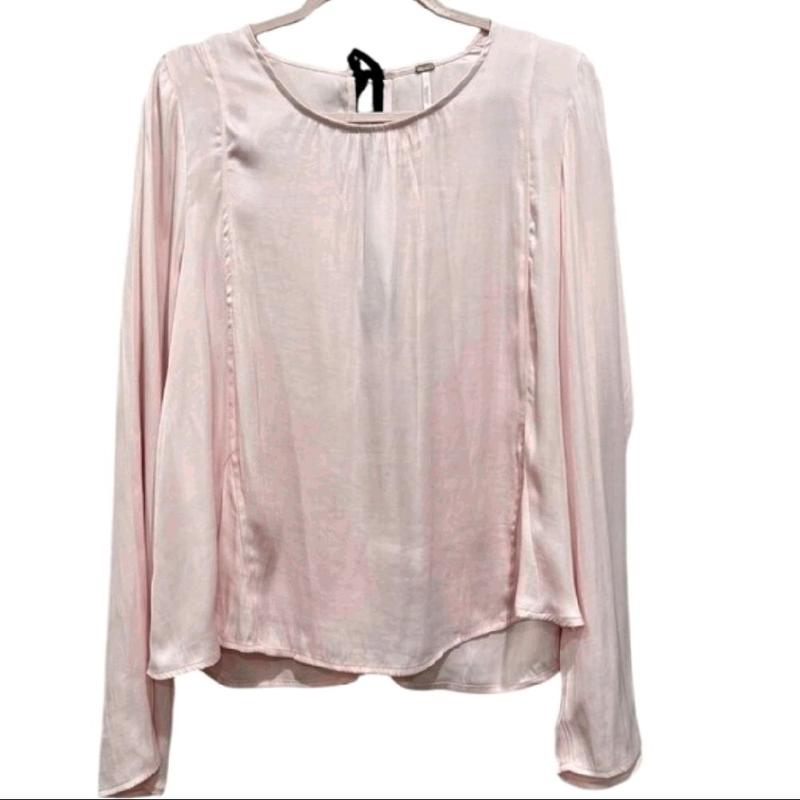 Free People Aarabella Satin Top Blush Pink Long Sleeve Blouse with Back Lace-Up Detail Size S NEW