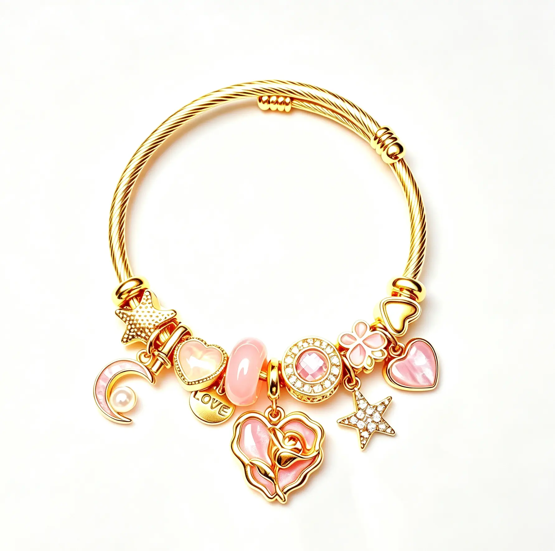 Women's Pink Rose Heart Charm Bangle - Gold Twist Cable Wire Open Cuff Bracelet with Moon, Star, 4-Leaf Clover Dangle Charms, Fashion Costume Jewelry Gift
