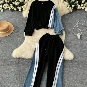 Casual Suit Women's Autumn Design-wise Loose and Versatile Crew-neck Suit with High-waist Denim Patch for Stylish Outfits Womenswear