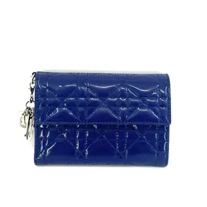 Pre-owned Dior leather Mini Bags Christian Cannage Patent Calfskin Lady Lotus Wallet S0181OVRB Tri fold in Blue for Women JS0040 NO1