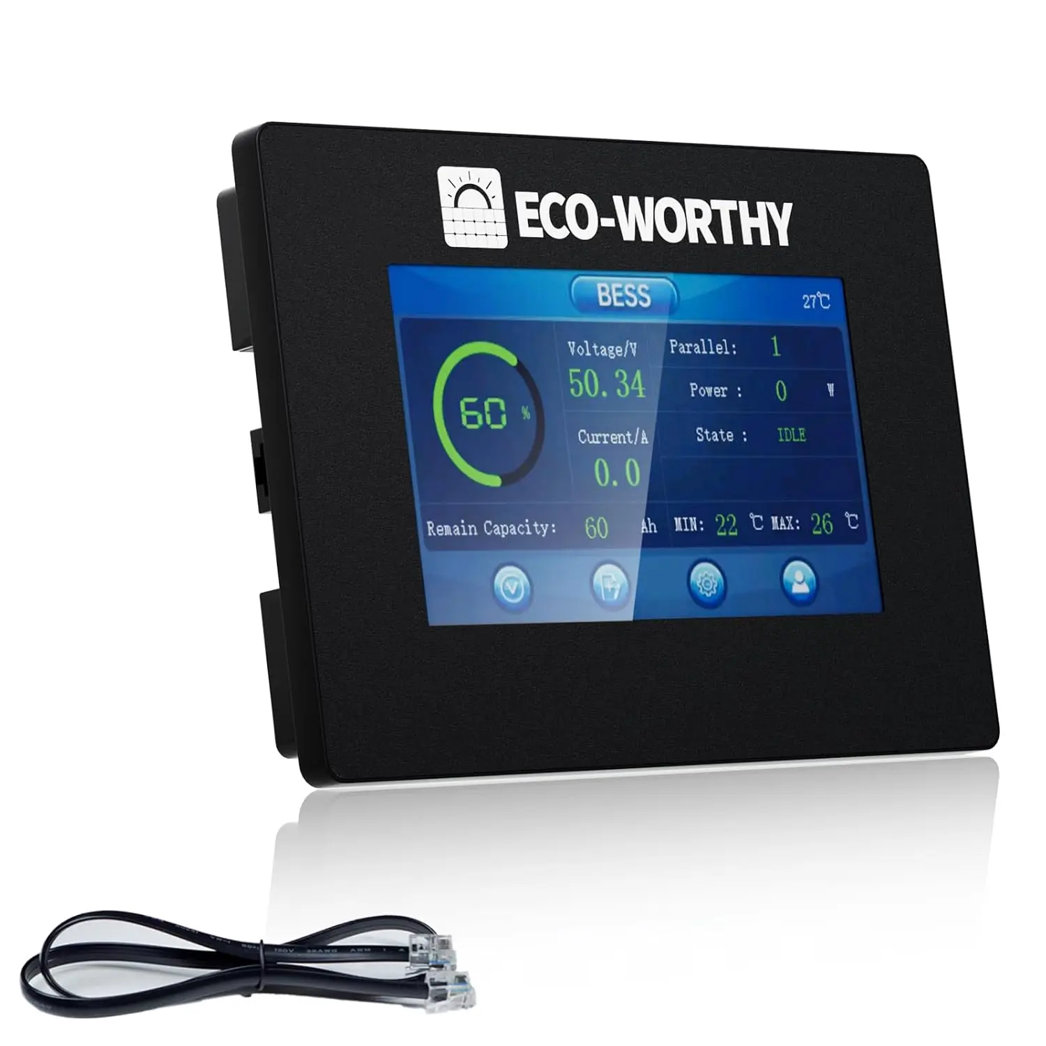 ECO-WORTHY 48V Cordless LiFePO4 Battery Monitor ESM100 - 4.3" Touchscreen, RS232 Interface, 0-49W, Easy to Install, Ideal for DIY Users, Monitoring 48V 100Ah Server Rack Series & Solar DIY Systems, None Included, 0-49 W