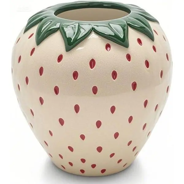 Large Smooth Round Ceramic Strawberry Design Vase - Handcrafted, Multi-Functional Farmhouse Home Decor, Tabletop Mount Kitchen Centerpiece, Flat Bottom Reusable Gift Idea