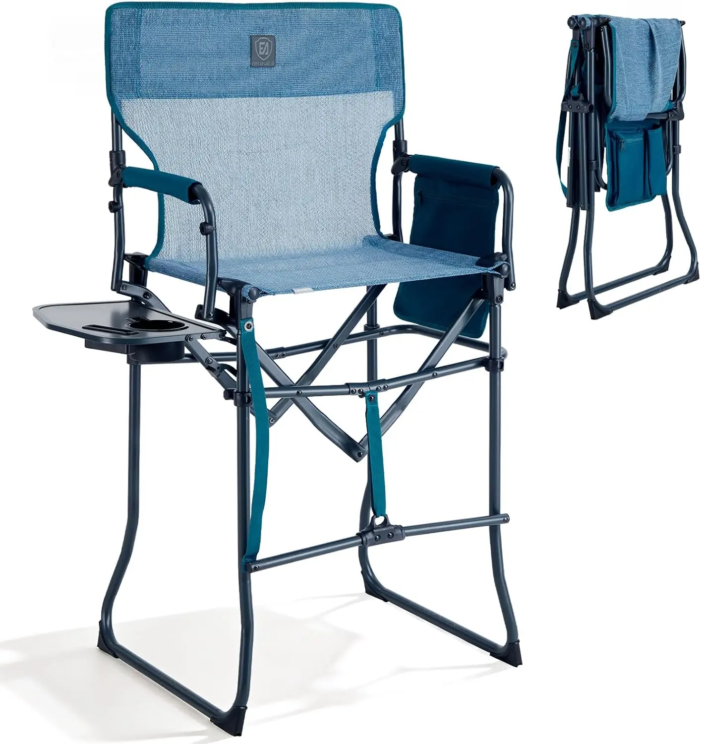 EVER ADVANCED Portable 30.7" Seat Height Tall Folding Camping Directors Chair - Lightweight Foldable Stool with Side Table, Stretch Mesh, 350LBS Capacity for Makeup Artists, Sports Events