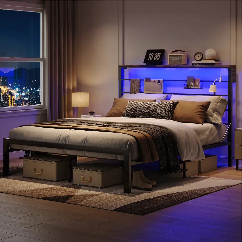Twin/ Full/ Queen/King Size Bed Frame with 49.2" High LED Storage Headboard Shelf, Metal Platform Bed, Black
