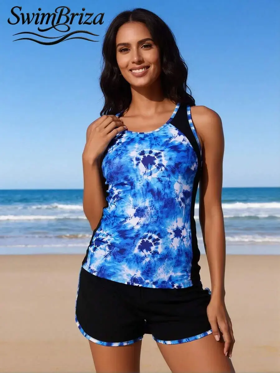 Briza｜Racerback Tankini With Shorts In Blue Tie-Dye And Black Stretch Fabric, A Tankini Swimsuits Set And Tankini Suit Made As A Two-Piece Swimsuit With Swim Shorts Set Women Love For Vacation Swimwear For Women And Bathing Suit Confidence