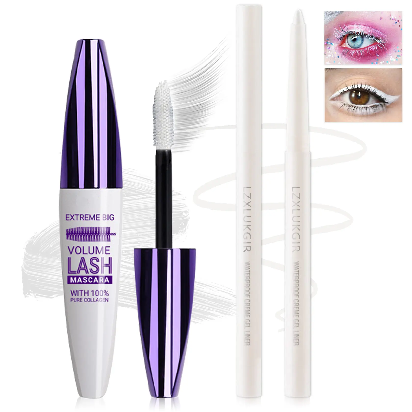 QIUFSSE White Mascara and Eyeliner Set,5D Colored Volume and Length Waterproof,White Mascara for Eyelashes,Natural Lengthening Curling,Suitable for Women Makeup Beauty Kit
