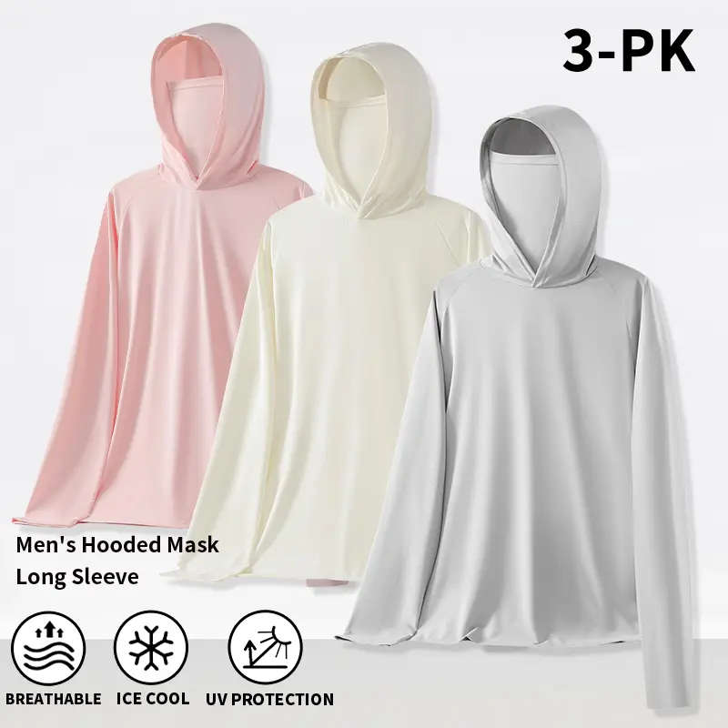 Budget Value 3-Pack Mens UPF Sun Protection Hooded Shirts With Full Face Cover Mask Ultra Light Ice Cool Breathable Sweat Wicking Long Sleeve Tops For Beach Camping Walking All Summer Outdoor Casual Activities hoodies men elastic cuff