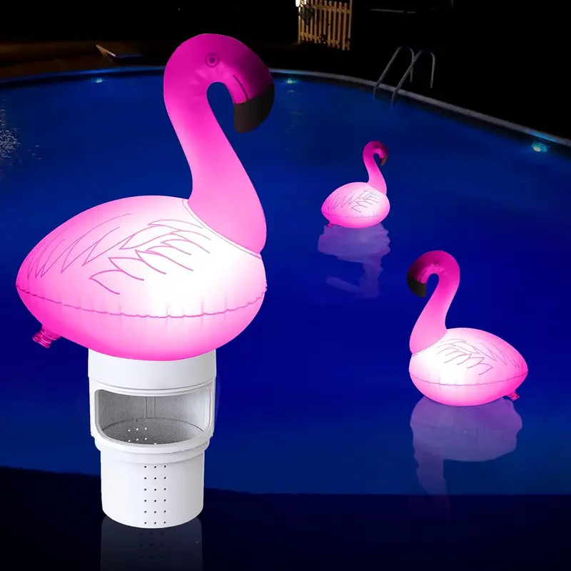 Pool Chlorine Floater with Solar Light, Inflatable Flamingo Floating Chlorine Dispenser for 3 inch Chlorine Tabs, Never Sink Bromine Chlorines Tablet Holder Floater for Pool, Hot Tub,Spa