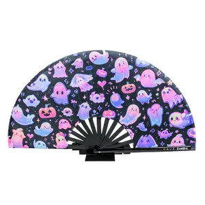 Spooky Shenanigans UV-Reactive Hand Fan | Foldable Bamboo Ribs | Premium Polyester Fabric | Matching Holster | Rave Fan | Festival Fan Decor Light Lightweight Accessory Foldable Cooling Wooden