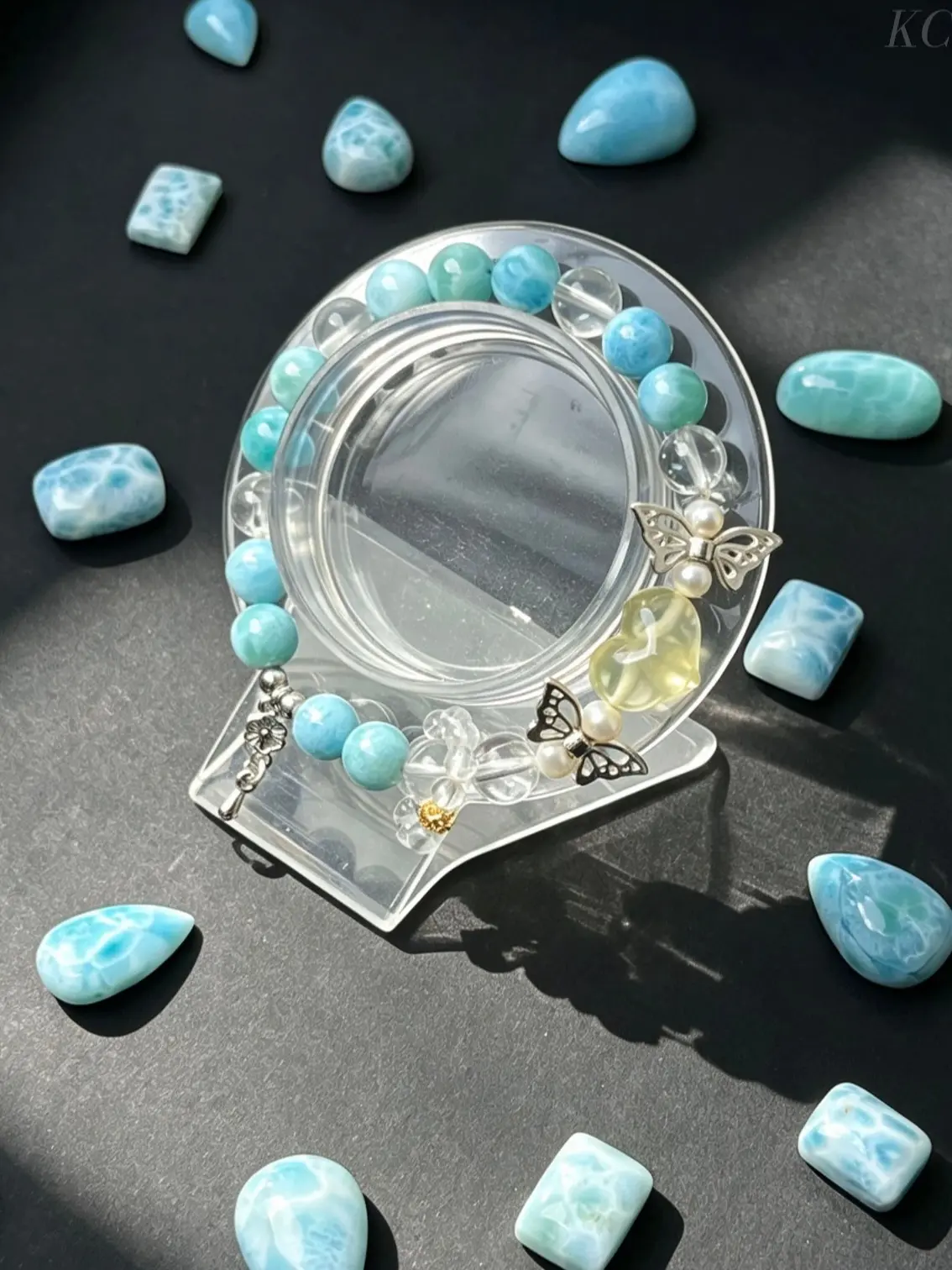 Handcrafted Mixed Stone Bracelet, Larimar Clear Quartz & Citrine Beads Butterfly Decor Elastic Bracelet Jewelry