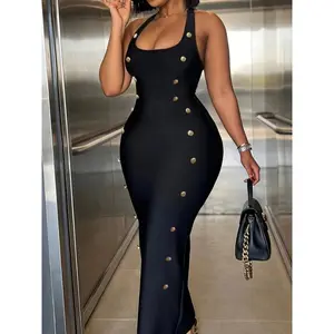 Plus Size Halter Neck Button Detail Bodycon Dress - Elegant Sleeveless Black Polyester Dress for Women, Perfect for Spring & Summer, Machine Washable, All-Season Fit, Elegant Evening Wear | Halter Neck Design | Smooth Glossy Texture