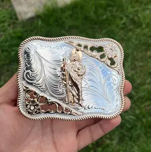Western Engraved Saint Belt Buckle – Silver Gold Floral Cowboy Buckle