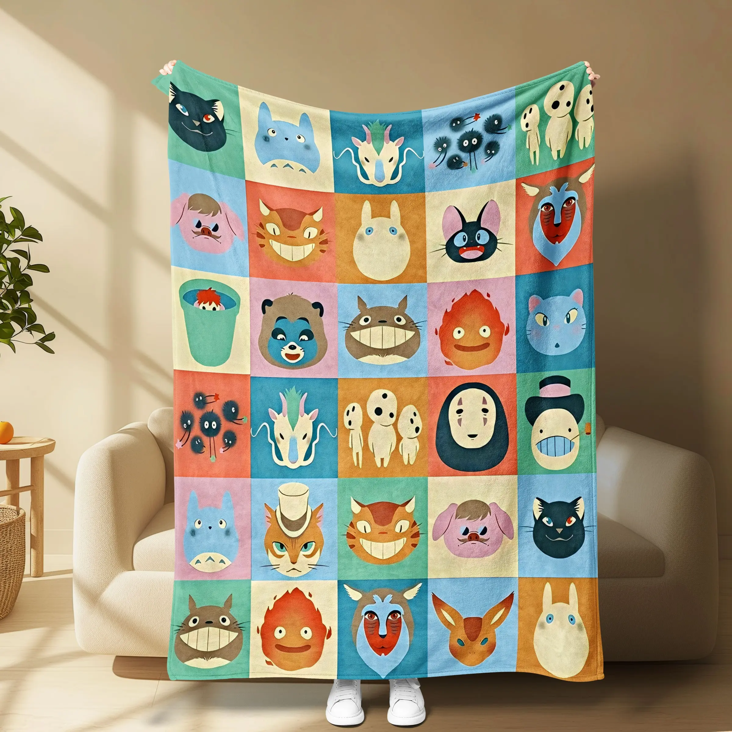 Studio Ghibli Characters Throw Blanket, Totoro No Face Kaonashi Calcifer Haku Anime Flannel, Soft Cozy Blanket for Sofa Bed, Cartoon Pattern Blanket