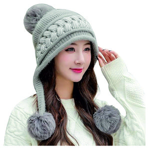 Women Winter Peruvian Cover Ears Beanie Hat Ear Flaps Sherpa Ski Snow Hats Knit Fleece Lined 3 Pom Pom Design for Winter Activities