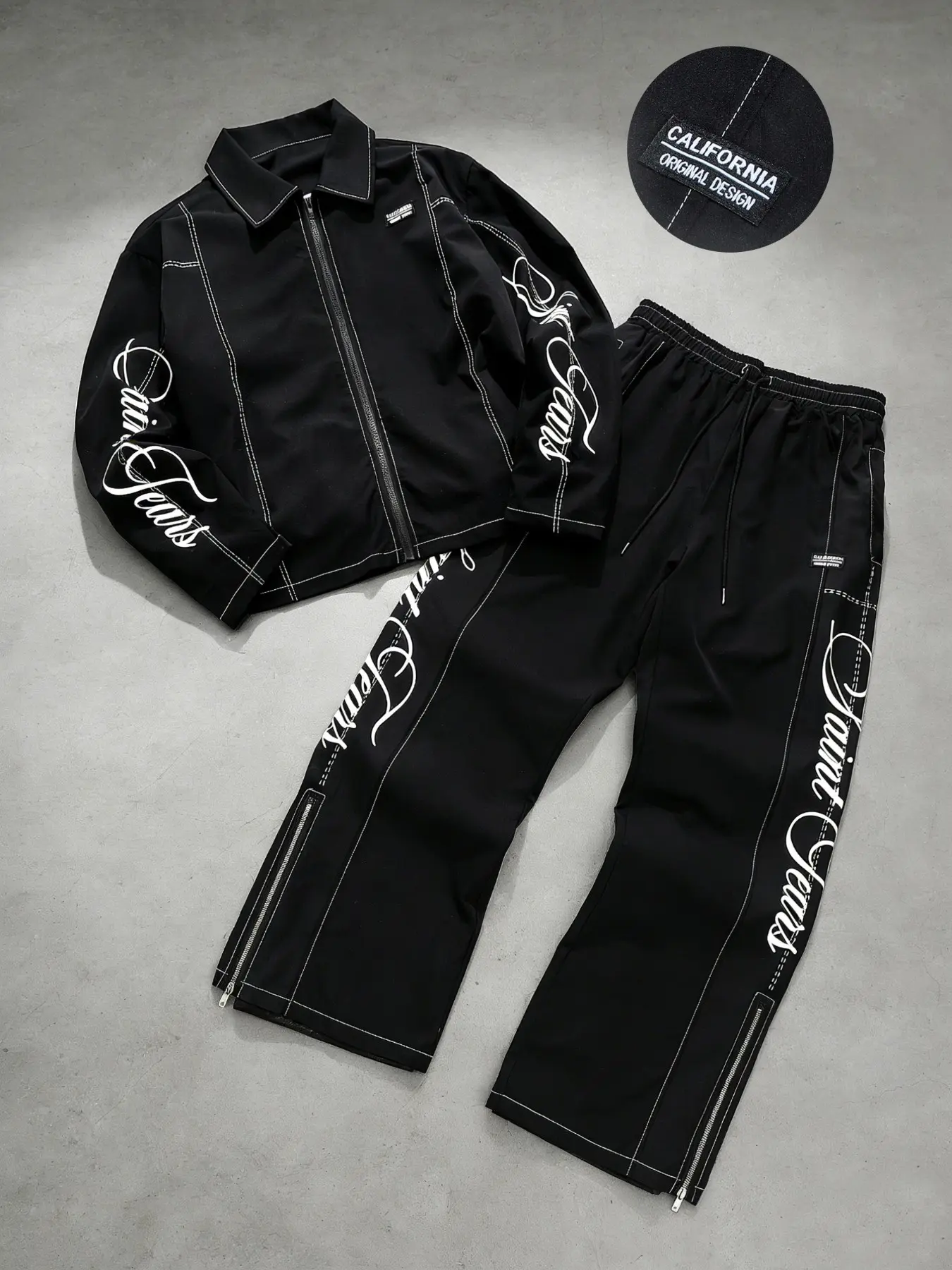 Men's Fashion Set, Oversized Zipper Neck Long Sleeve Shirt, Elastic Baggy Pants with Split Hem, Minimalist Luxury, Casual Sporty Style, All Seasons