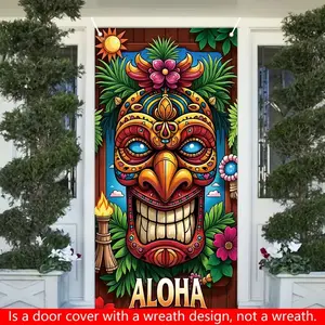 2D Flat Aloha Hawaiian Tiki Mask Door Banner, Tropical Luau Summer Party Porch Sign, Pool Backyard Decor, Festival and Party Supplies