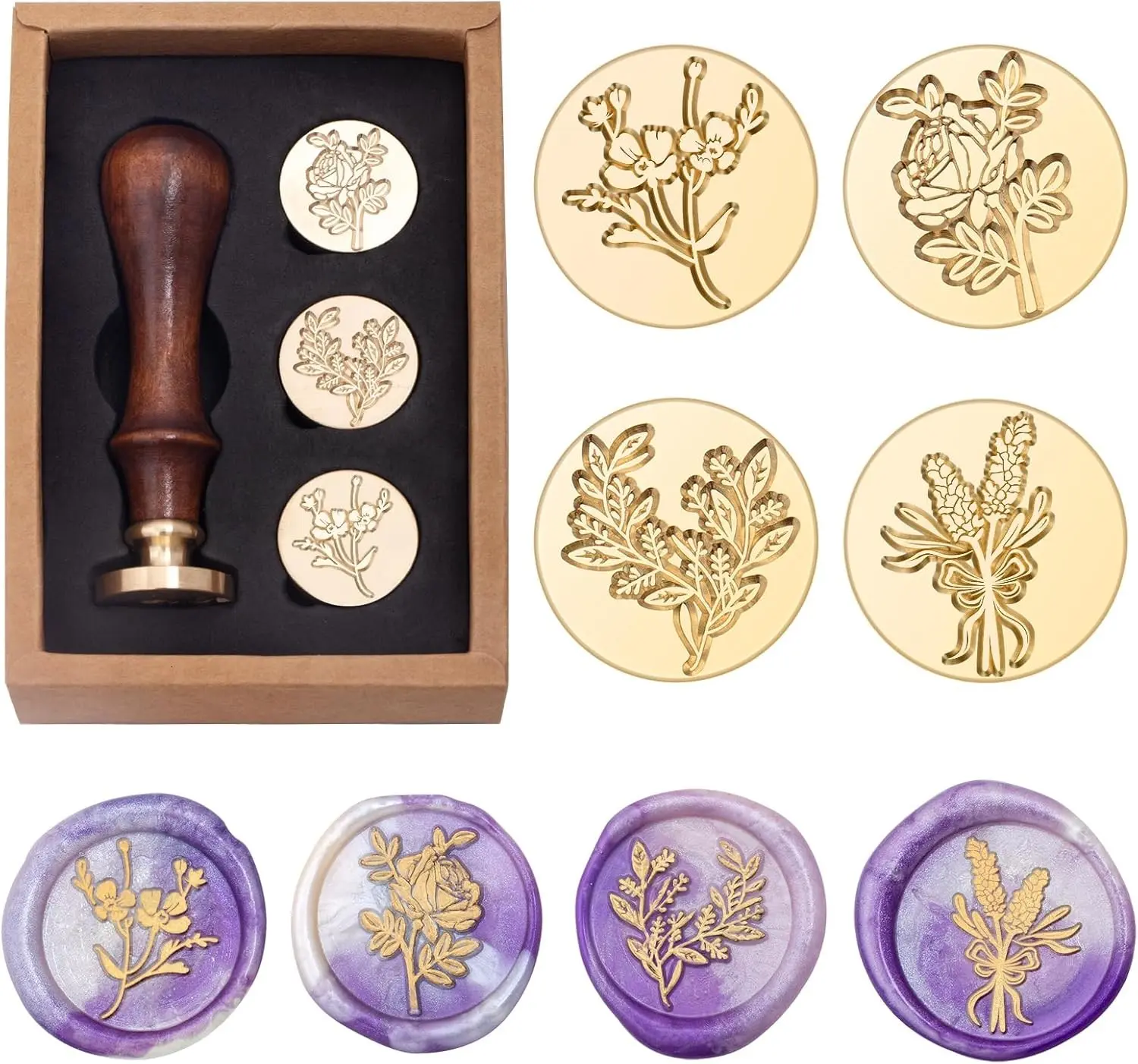 Flower and Plant Wax Seal Stamp Set, Floral Sealing Stamp Kit | Sealing Stamper Kit, Romantic Rose, Elegant Lavender, Eucalyptus, Cosmos Floral, for Wedding Invitations, Envelopes, Journals