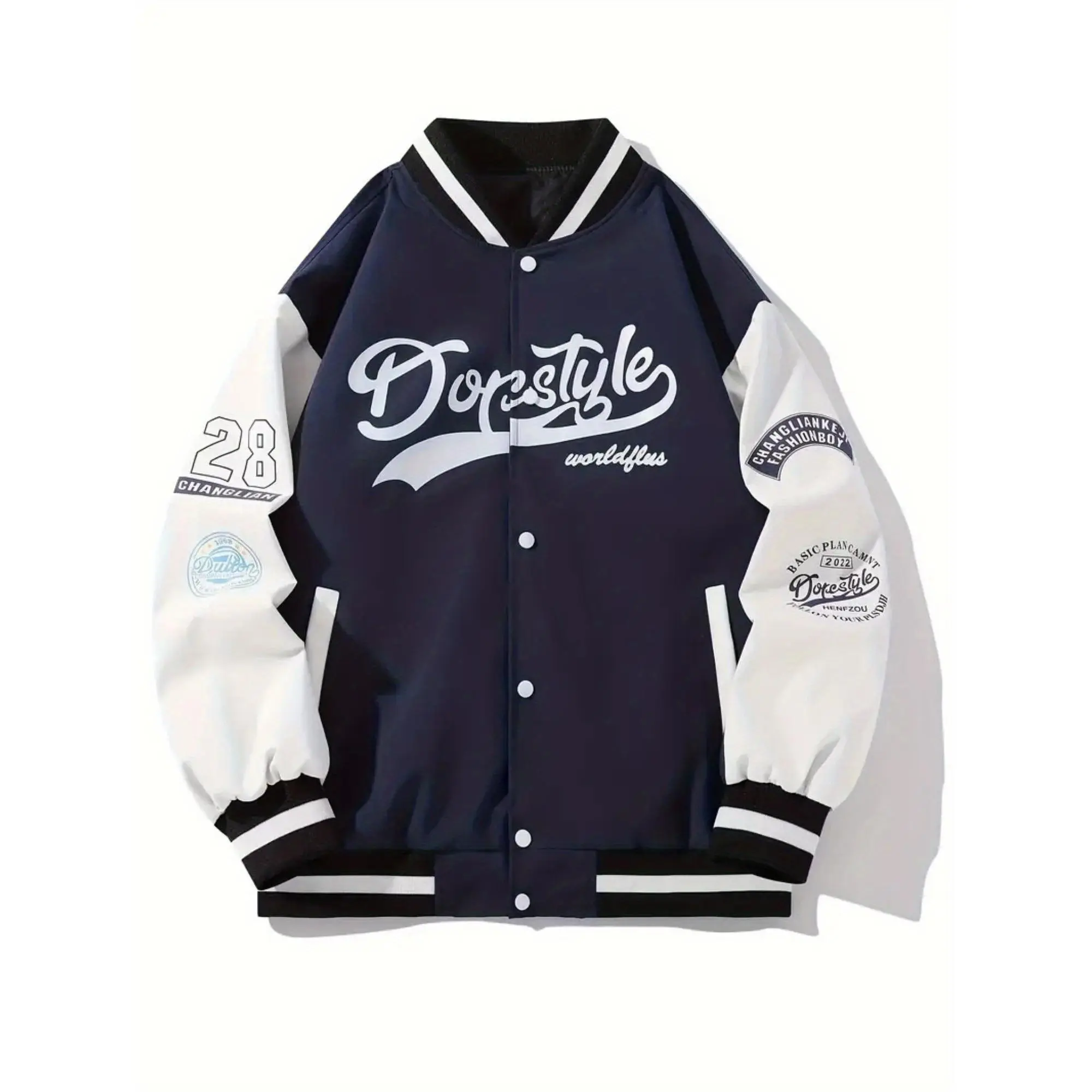 Men's Long Sleeve Letter Print Colorblock Varsity Baseball Jacket - Casual Fitted Button-Up Coats for Spring, Fall School Use, Longsleeves, Letters, Casual Fitted Jacket, Varsity Look