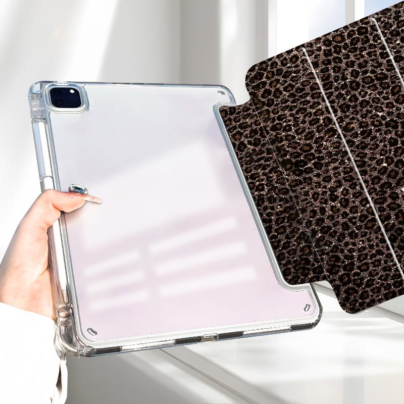 Glittery Brown Leopard Print iPad Case, Tablet Cover, Transparent Acrylic Hard Back Panel With Pencil Slot, Scratch-resistant Ultra-thin, Shock-resistant, Suitable for All iPad models, offices, schools, and homes