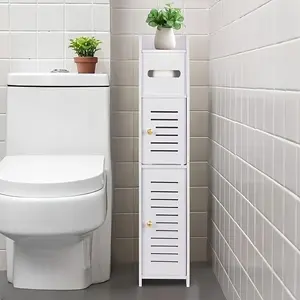 Standalone Corner Bathroom Storage Cabinet | Double-Door Waterproof Plastic Shelving Unit with Shelves and Tissue Holder, Easy to Clean, Suitable for Narrow Spaces, Floor Standing Shelf