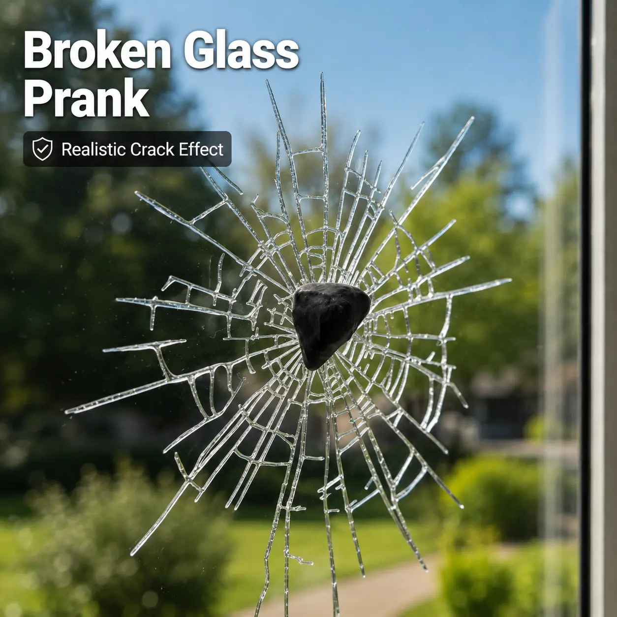 Broken Glass Prank Sticker - 3D Realistic Fake Shattered Window Decal with 3D Rock & Suction Cup, Traceless Reusable Cracked Glass Gag Prop for Car Window, Windshield, Home Sliding Door & Office Glass, Funny Prank Toy Gift for Friends, Teens & Pranksters