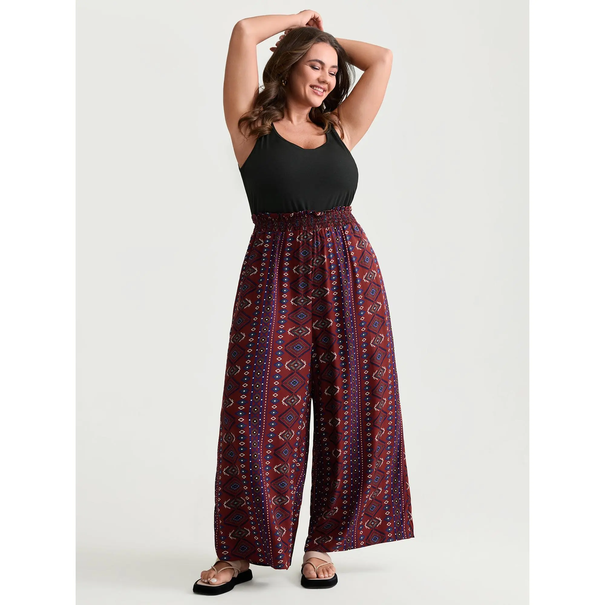 BLOOMCHIC Women's Supersoft Shirred Sleeveless U-Neck Bohemian Contrast Print Overalls Jumpsuit [M-6X] - Pocket, Polyester Mix, Rayon, Body Flatterer, Pull On, Summer Vacation Outfits, Cold Wash, Do Not Tumble Dry