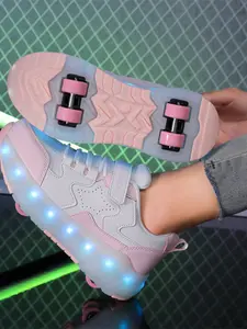 2026 New Girl's Four-Wheel Roller Skates, Adjustable LED Light-Up Shoes, PU Leather, USB Charging, All-Seasons, Casual Style