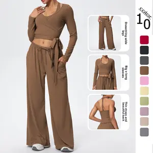 New solid color brushed breathable tight-fitting high-elasticity yoga outfit set for sports, running, fitness, and yoga - three-piece set