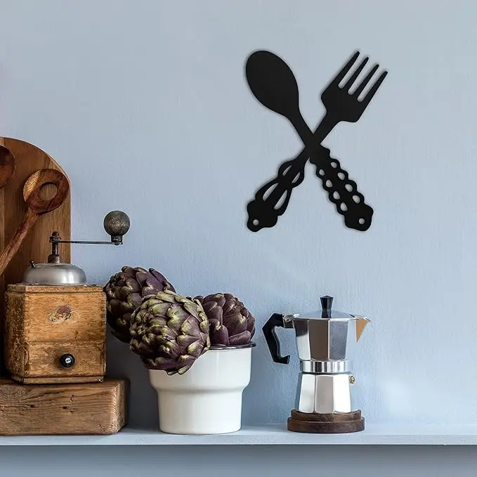 2 Pieces Metal Fork Spoon Wall Decor Big Black Metal Large Kitchen Rustic Fork Spoon Shaped Wall Decor Hanging Sign for Farmhouse Home