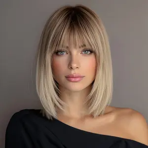 12-inch bob wig with bangs, brown-gold gradient bangs, suitable for daily commuting and dating. The straight hair wig is comfortable to wear, clean and neat, Even beginners can easily enhance their complexion and temperament with a natural transition.