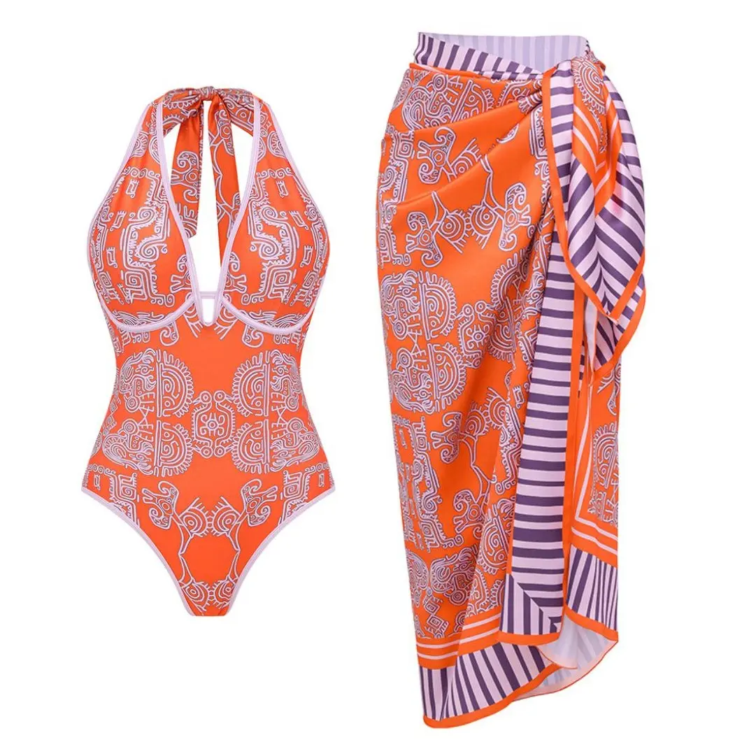 FLAXMAKER Women's Halter Neck Underwire Tribal Print  One Piece Swimsuit and Matching Sarong Set Swimdress Beachwear Bathing Suit #Summervibes outdoorfun #SwimWeek