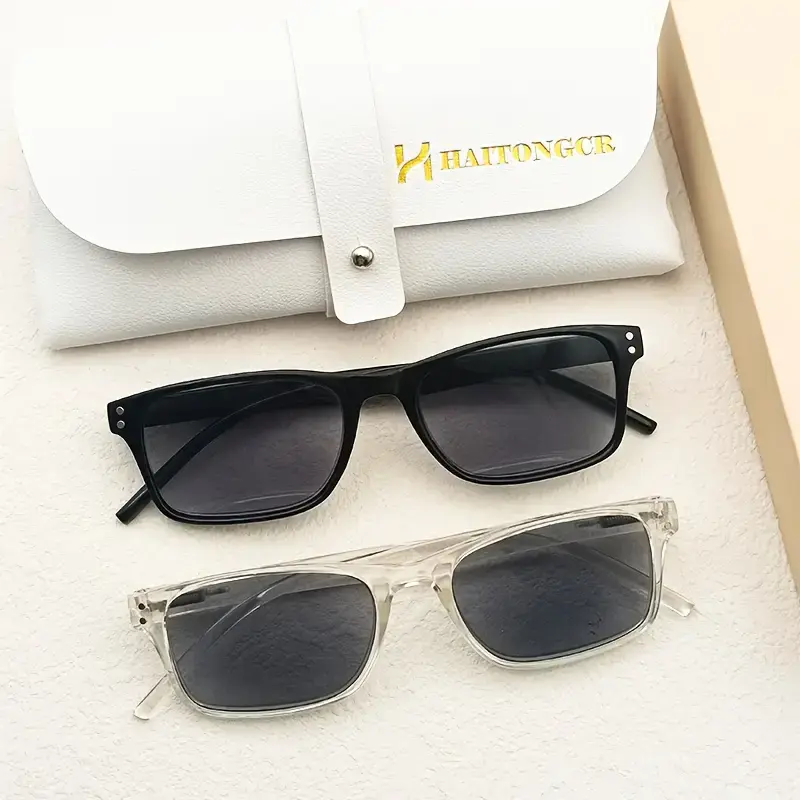 HAITONGCR Unisex Polarized Tinted Reading Sunglasses (+1.0 to +3.0), High Fashion Acetate Square Frame, Black/Transparent Options, Gray PC Polycarbonate Lenses, Outdoor Sun Protection, Case & Cloth Included, Gray Lenses