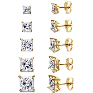 MDFUN 5 Pairs Princess Round Cut Cubic Zirconia Stud Earrings Hypoallergenic 3-7mm Square Clear CZ Earring Set for Women Men18K Gold Plated Princess Cut Cubic Zirconia Screw Back Stud Earring Pack of 5 Pairs (5 Pairs)