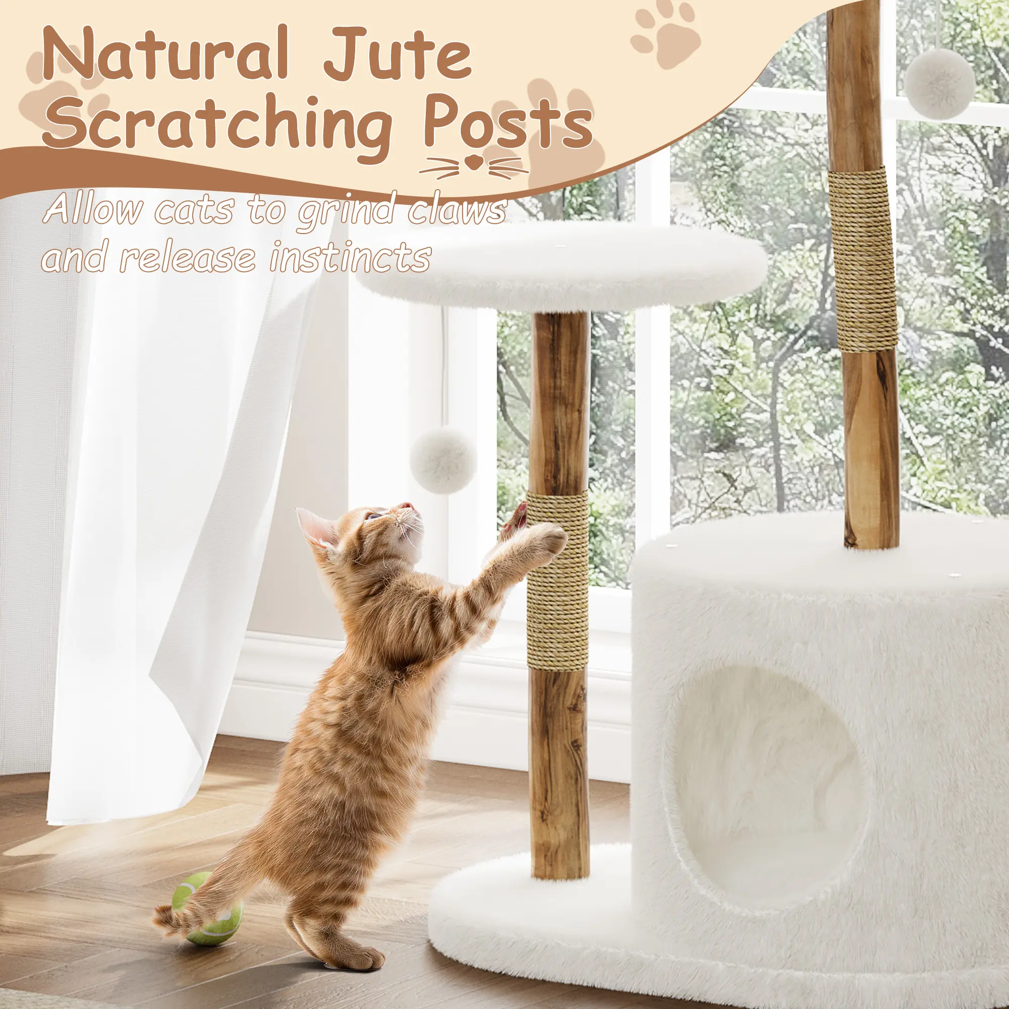 46" Luxury Real Wood Cat Tree with Scratching Posts, Modern Cat Condo for Big Cats, Wooden Cat Tower with Hanging Pom Poms & Soft Basket, Premium Indoor Pet Furniture for Sleeping & Play