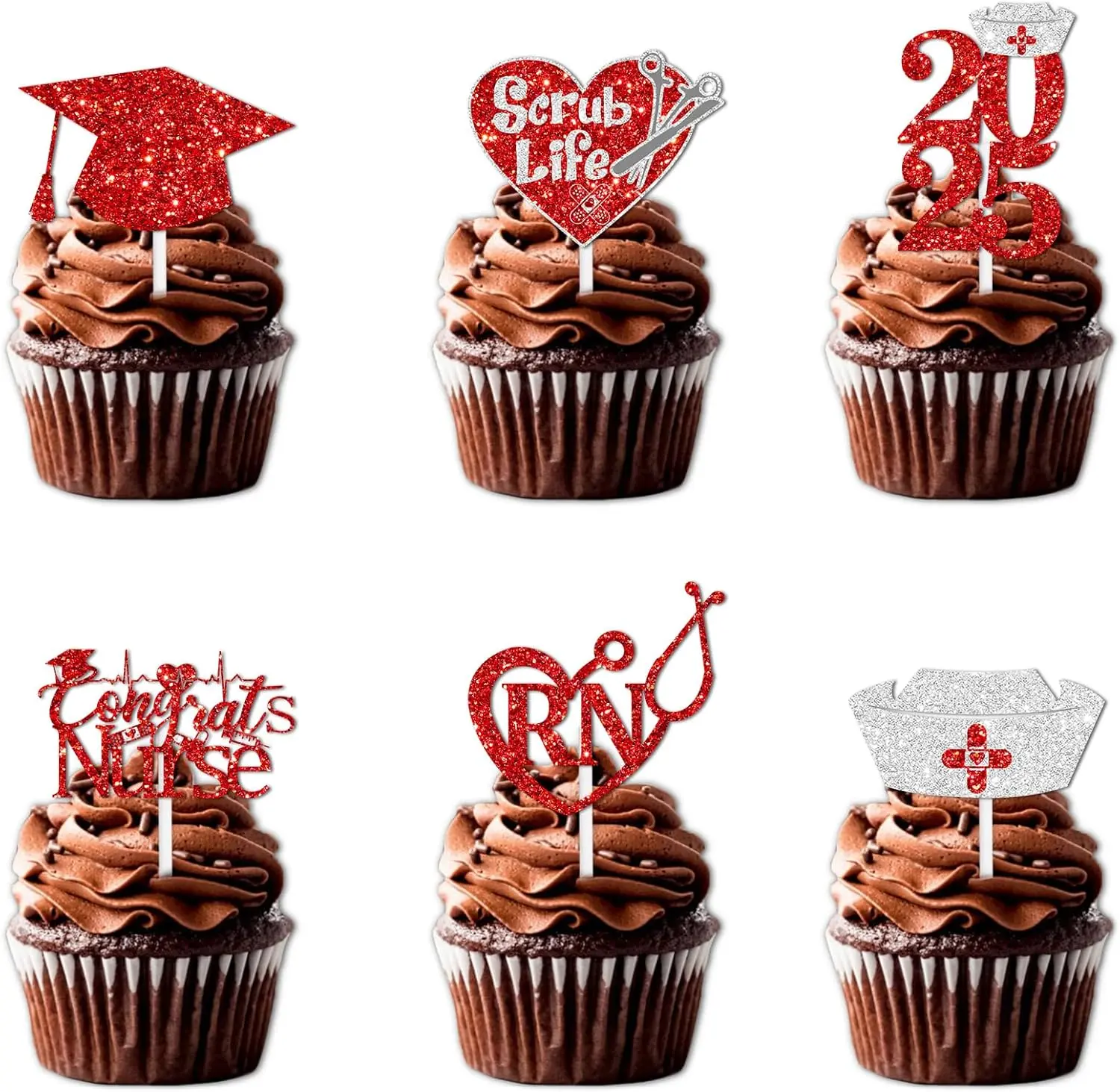 18pcs Red Glitter Dessert Cupcake Topper Congrats Nurse Theme Decorations Boys Girls 2025 College Graduation Party Decor Supplies