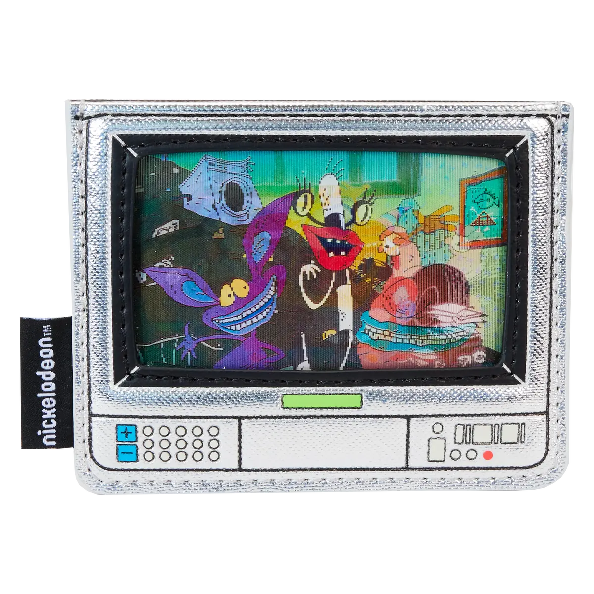 Nickelodeon Retro TV Lenticular Card Holder, Themed Metallic Vegan Saffiano Leather with 3 Card Slots, Themed Cardholder, Wallets For Women, Applique Details