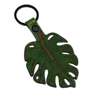 Monstera Leaf key fob keychain with matte black key ring and rivet gift for plant lovers