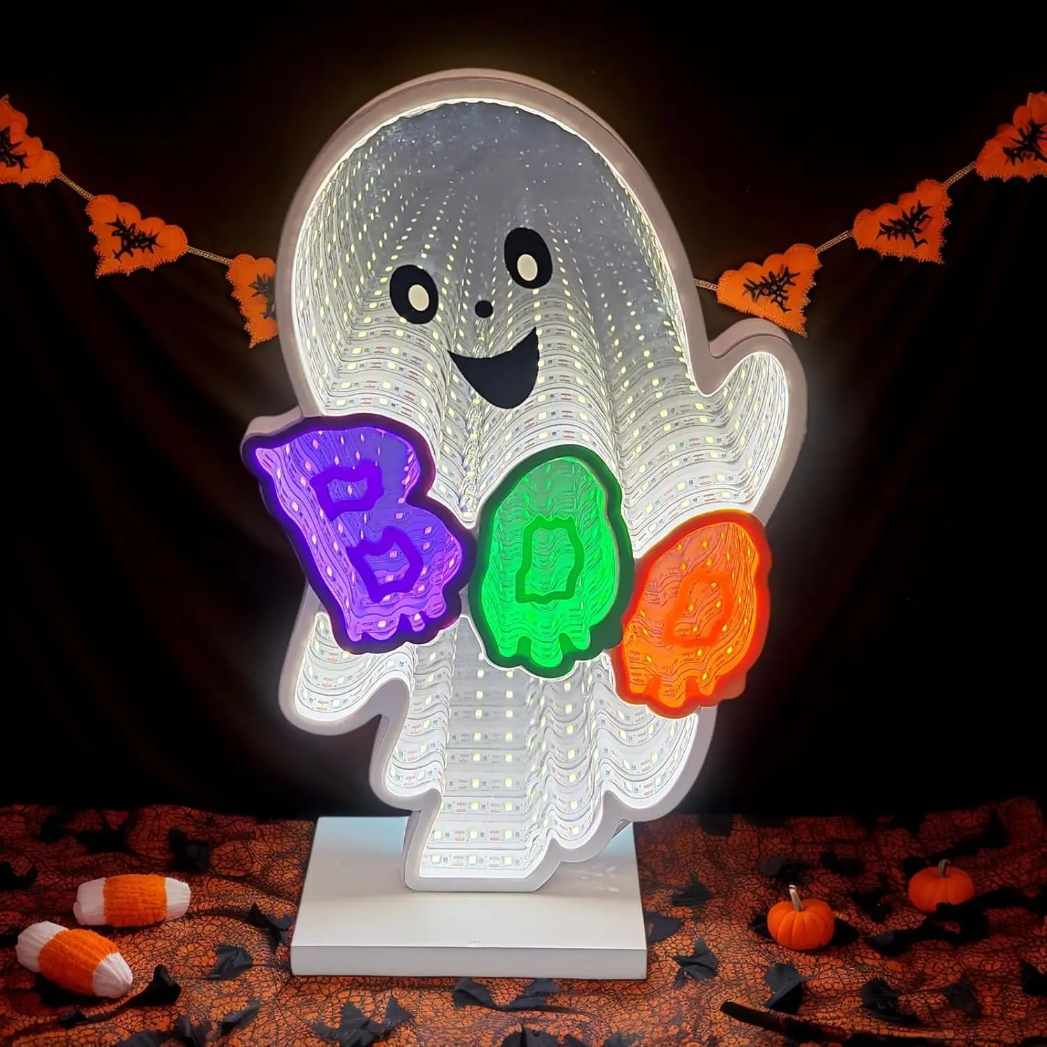 Halloween Gift Halloween BOO Infinity Mirror LED Light, 3D Tunnel Table Decor