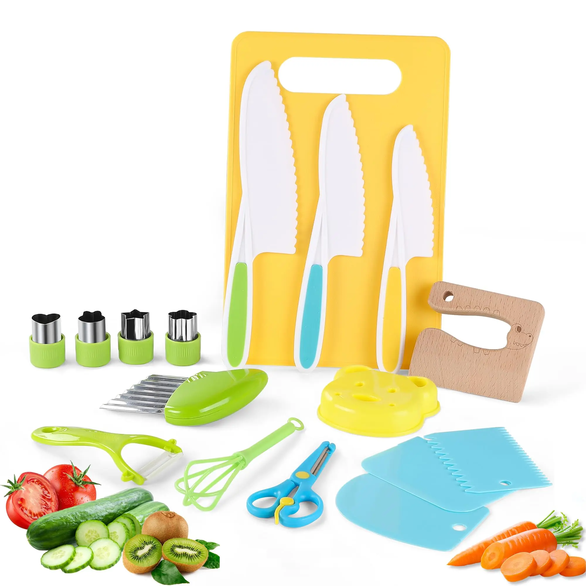 16pcs Montessori Kitchen Tools Cookware Baking  Set For Real Cooking Includes 3 Serrated Edges Plastic Board Y Peeler Egg Beater Food Picks