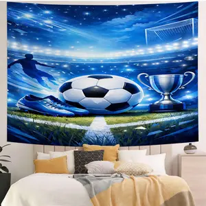 Soccer Stadium Theme Tapestry, Football Themed Wall Hanging with Blue Stadium Lights, Soccer Ball & Trophy Print, Sports Style Backdrop for Bedroom Living Room, Perfect for Soccer Fans, Game Nights, Teen Boys Room Decor and Sports Lovers Home Decor