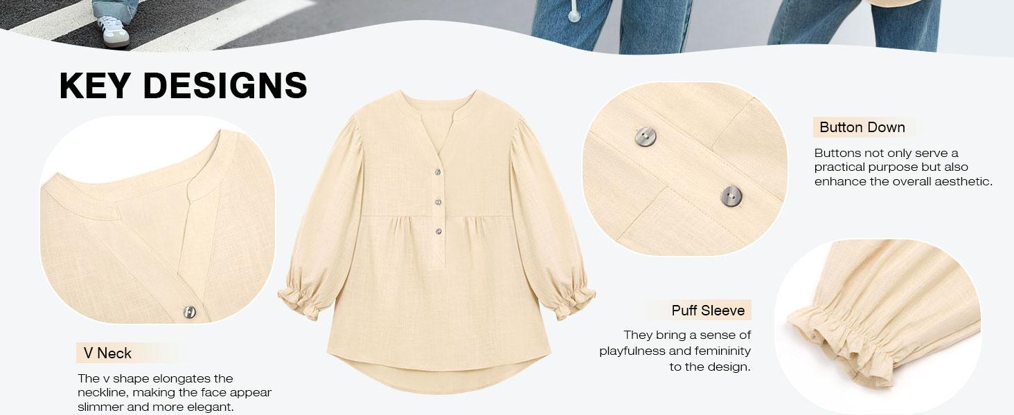 Tankaneo Womens Puff Sleeve Babydoll Tops V Neck Button Down Blouse Cute Casual Loose Fit Flowy Shirts