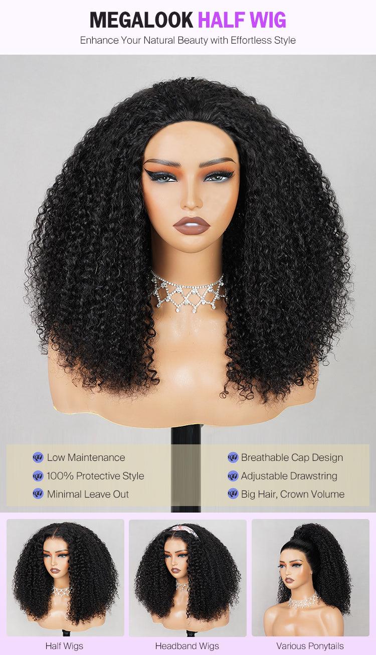 [New 3.0 Burmese Curly Half Wig] Megalook 100% Human Hair Wig, Glueless Install, Finger Coil Ends, 180% Density, Curly Texture, Beginner Friendly, for Female Wear