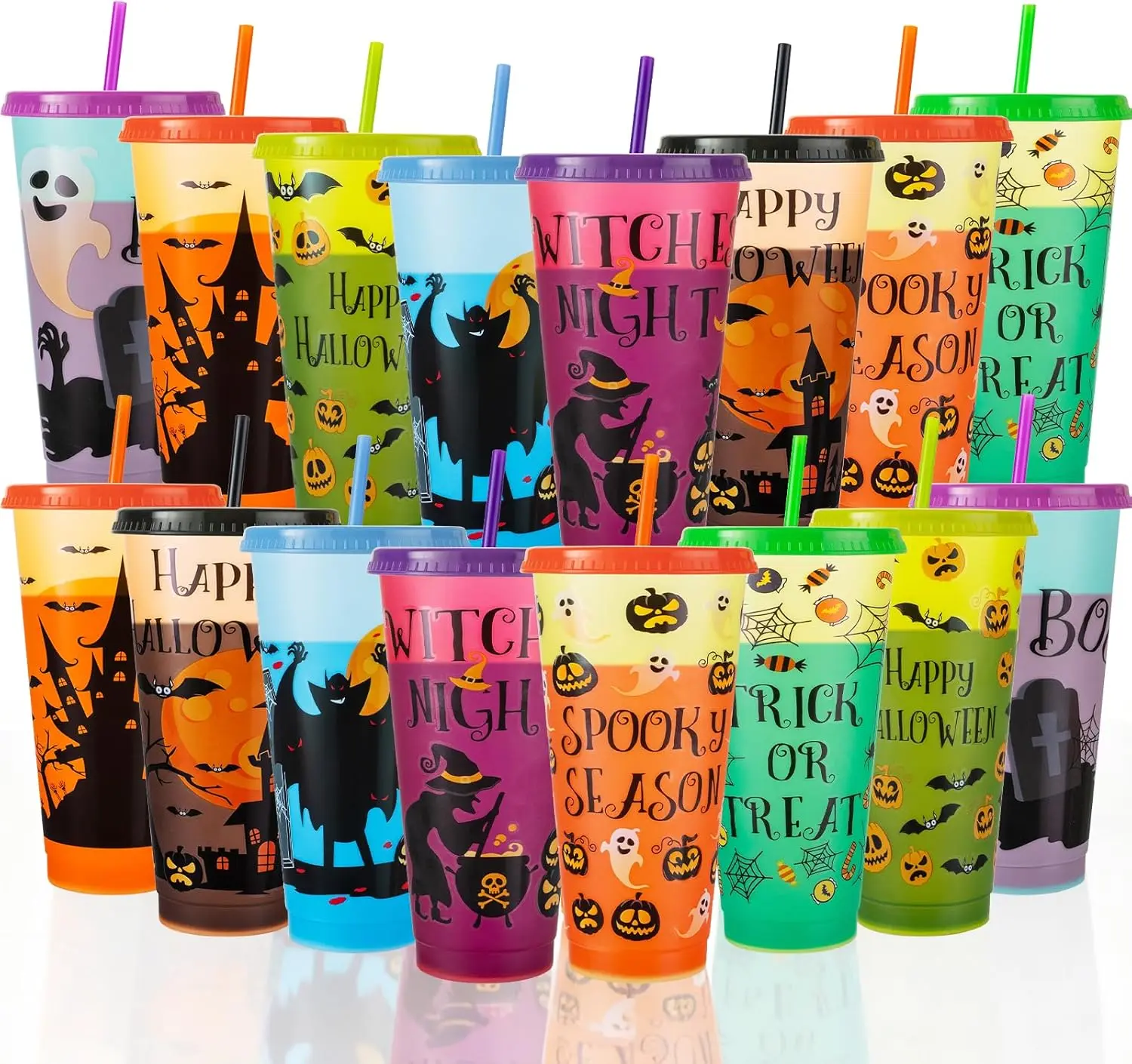 Halloween fall Gift Halloween Decorations 16 & 24 Pack 24 oz Plastic Tumblers Bulk with Lids and Straws - Reusable for Party Cups, Color Changing Reusable Cups with Lids and Straws