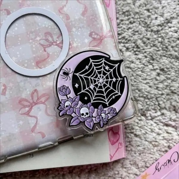 Gothic Moon Spiderweb MagSafe Phone Grip, Aesthetic Witchy Griptok, Floral Skull Phone Stand, Celestial Gothic Bookish Accessory, Unique Gift for Her
