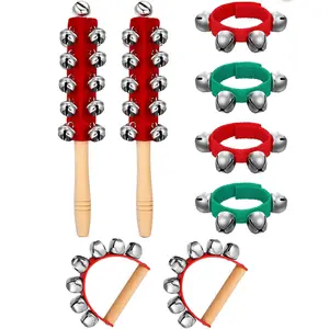 8 Christmas Bells with Wooden Handles, Musical Percussion Instruments, Holiday Party Gifts, and Colors, 5.4cm X 26cm