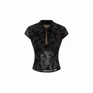 Cider Floral Lace Round Neckline Bowknot Tie Front Top