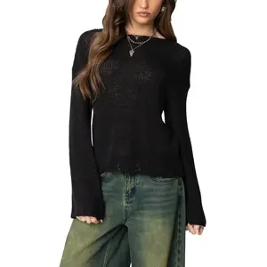 Women Casual knitted Cropped Sweaters Long Flared Sleeve Drop Shoulder Loose Pullover Knitwear Tops Solid Striped Printing Tops Fall Winter Jumpers