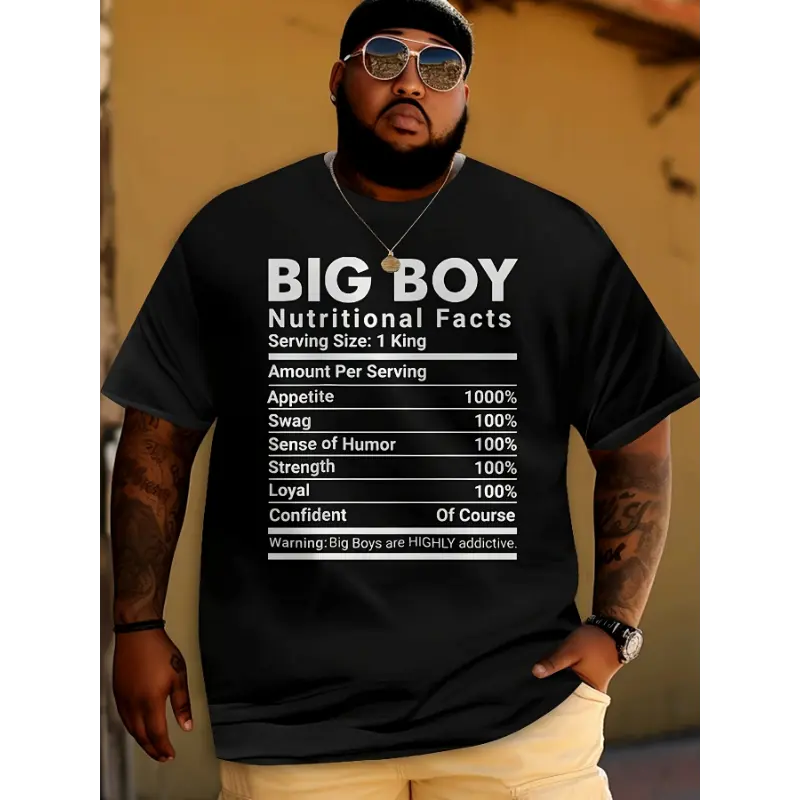 Plus Size Men's Cotton-Black-180g Tshirt, 100% Cotton Loose-Fit Short-Sleeve Casual Streetwear Top, Humorous Tropical Pattern, Big Boy Nutrition Info, Machine-Washable Durable COD Clothes for Outdoor & Daily Wear