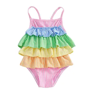 Toddler Baby Girls Rainbow Swimsuit Colorful Striped Layered Ruffles Bathing Suit Adjustable Straps Swimwear Summer Beach Pool Outfit