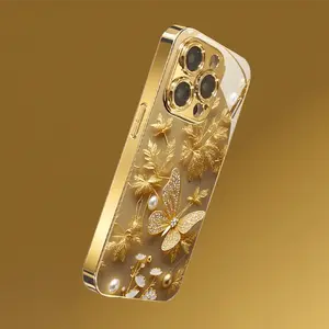 Elegant Diamond Butterfly Pattern Electroplated Gold Waterproof, Waterproof Tempered Glass Smartphone Casing, Mobile Phone Accessories for iPhone 17 Pro Max, 16 Plus, 15 Pro, 14, 13, 12, Xs Max Cellphone Devices